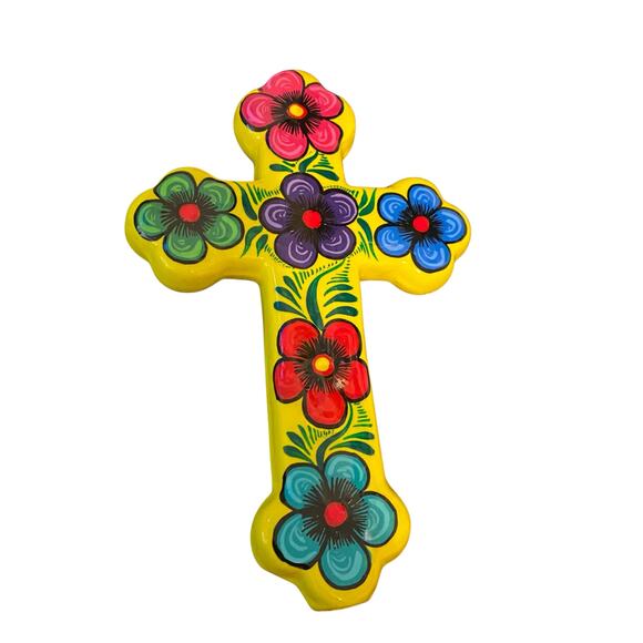 Ceramic CROSS Yellow Colorful High Gloss with Flowers Mexican Folk Wall Art 7" - Picture 4 of 11